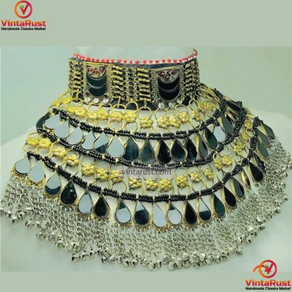 Black Kuchi Choker Afghan Necklace, Tribal Handmade Bib Style Necklace - Picture 2 of 10